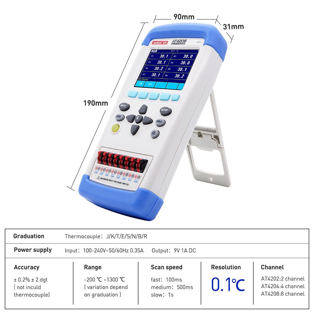 AT4202 2 Channel Lithium battery handheld multi-channel temperature meter tester data logger