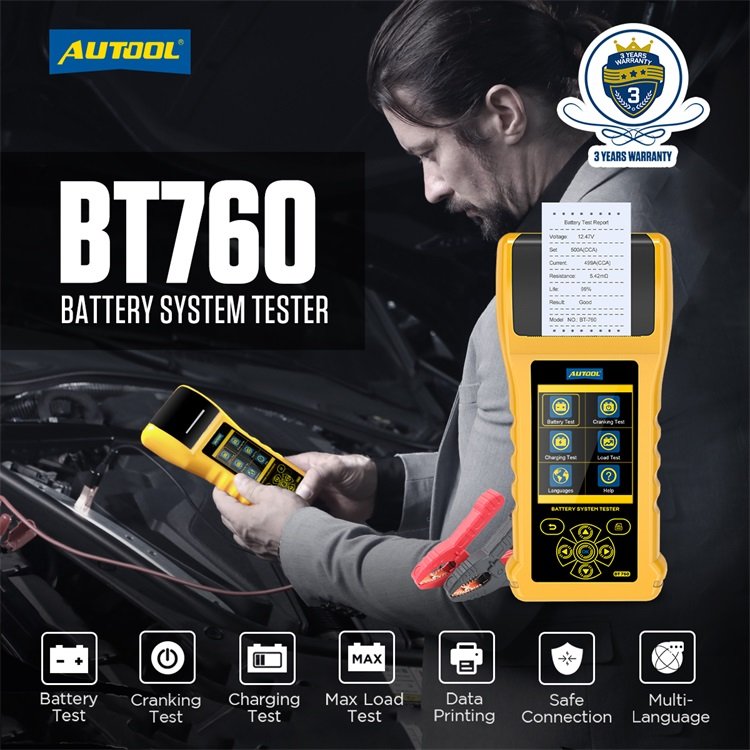 AUTOOL BT760 Color Screen Car Battery Tester with Printer 6- 32V Load Battery Analyzer Tester