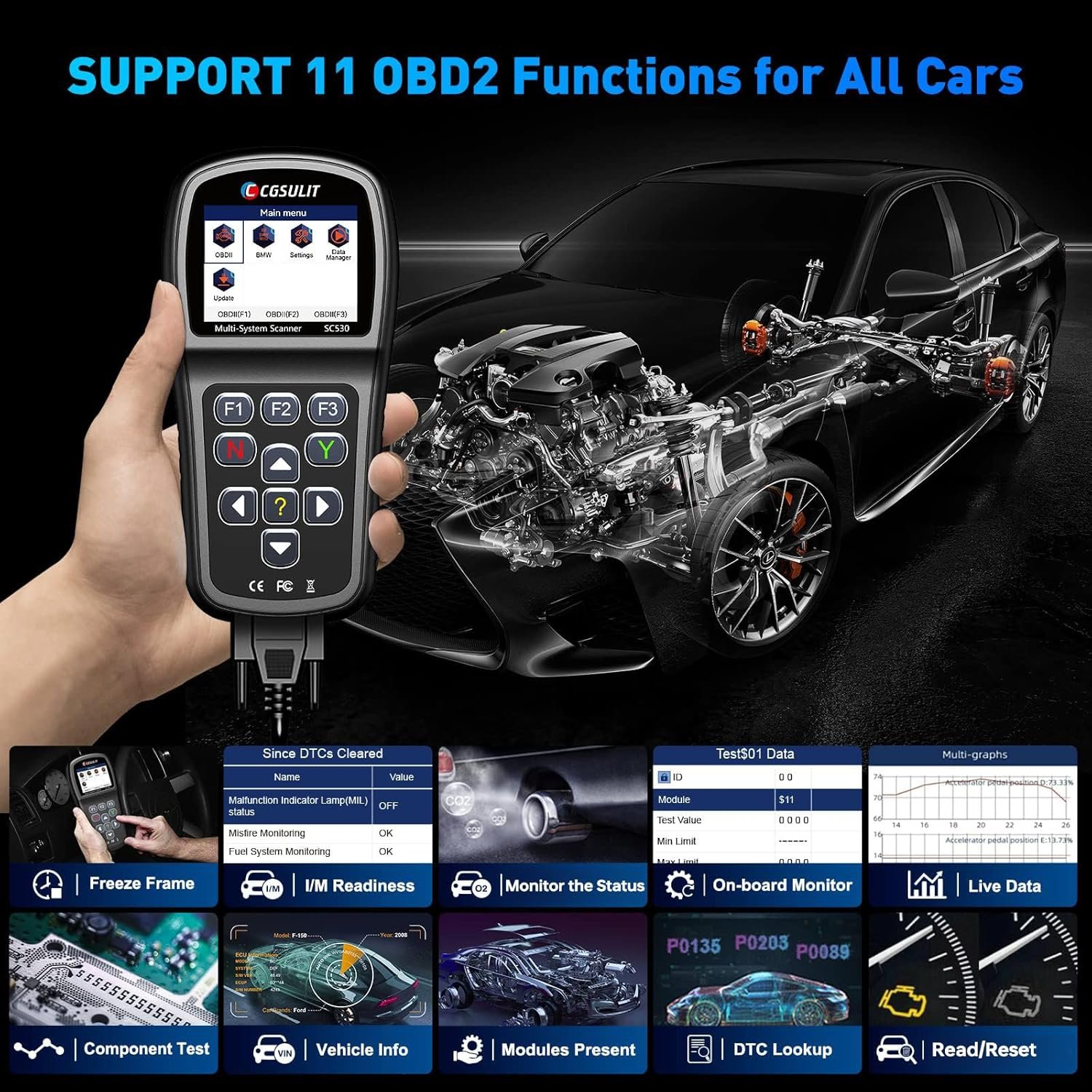 SC530 Airbag EPB Oil Battery Reset Transmission All System Scan Tool Diagnostic Car Scanner OBD2 Scanner Code Reader