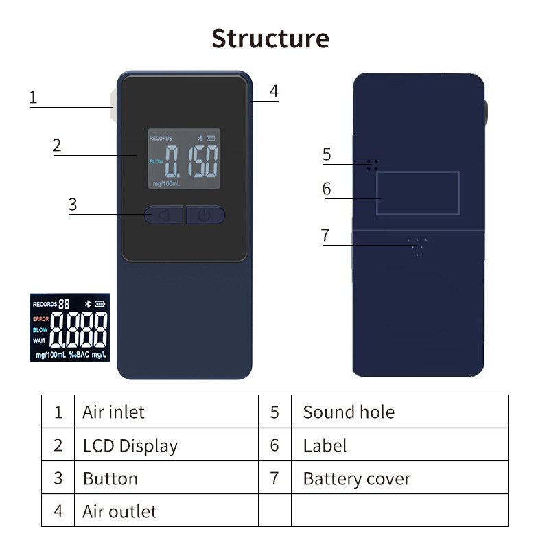 Bluetooth connection Platform Unlimited Data Saving Electrochemical Sensor Alcohol Breath Fuel Cell Alcohole Breath Tester