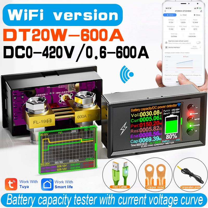 DT20W DC 0-420V Tuya WiFi Smart Lithium Battery Capacity Detection Tester DC digital Display Current Voltage Coulomb Power Meter