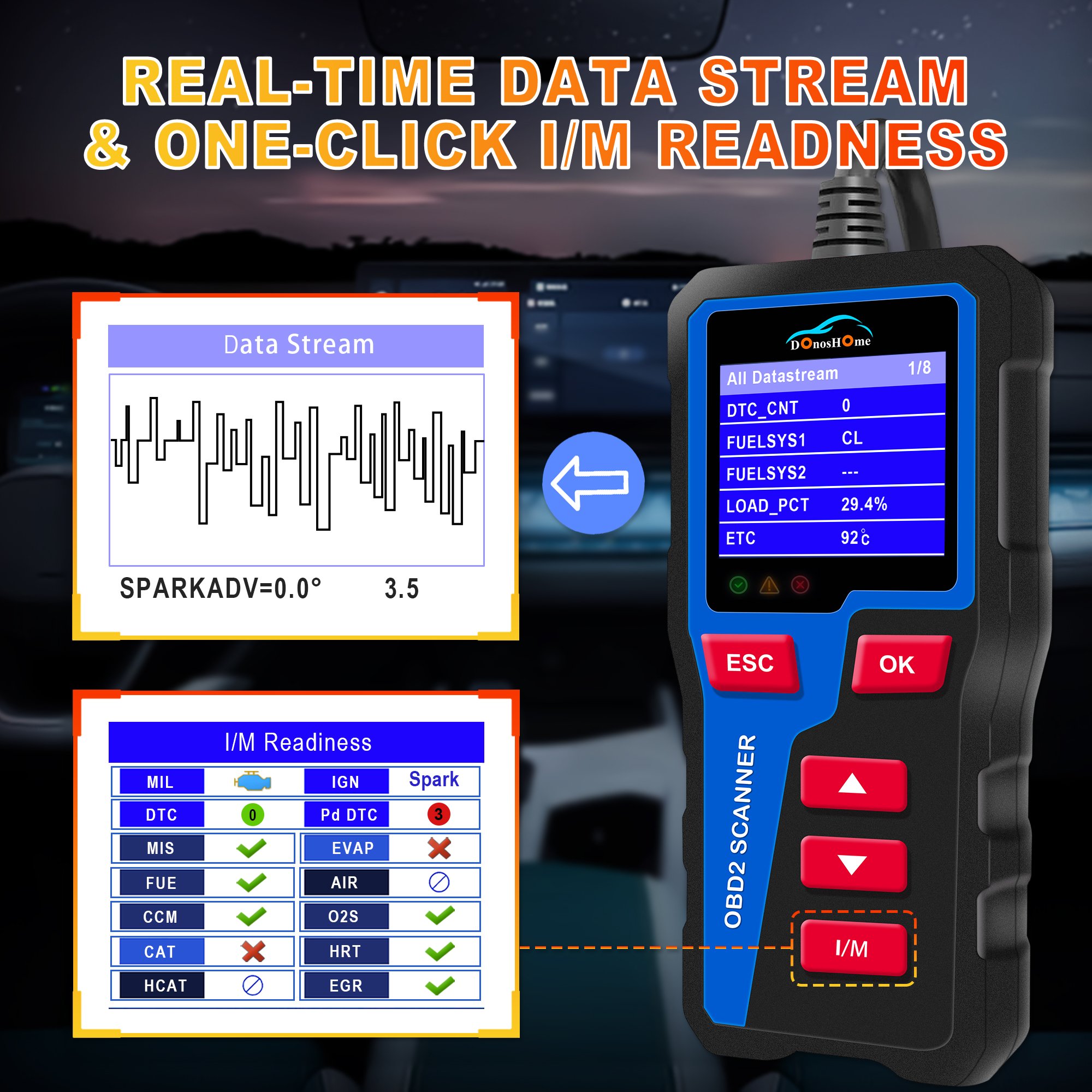 3-in-1 OBD2 Engine Fault Code Reader Freeze Frame DTC Lookup I/M Readiness Charging Cranking Test European Vehicle after 2003