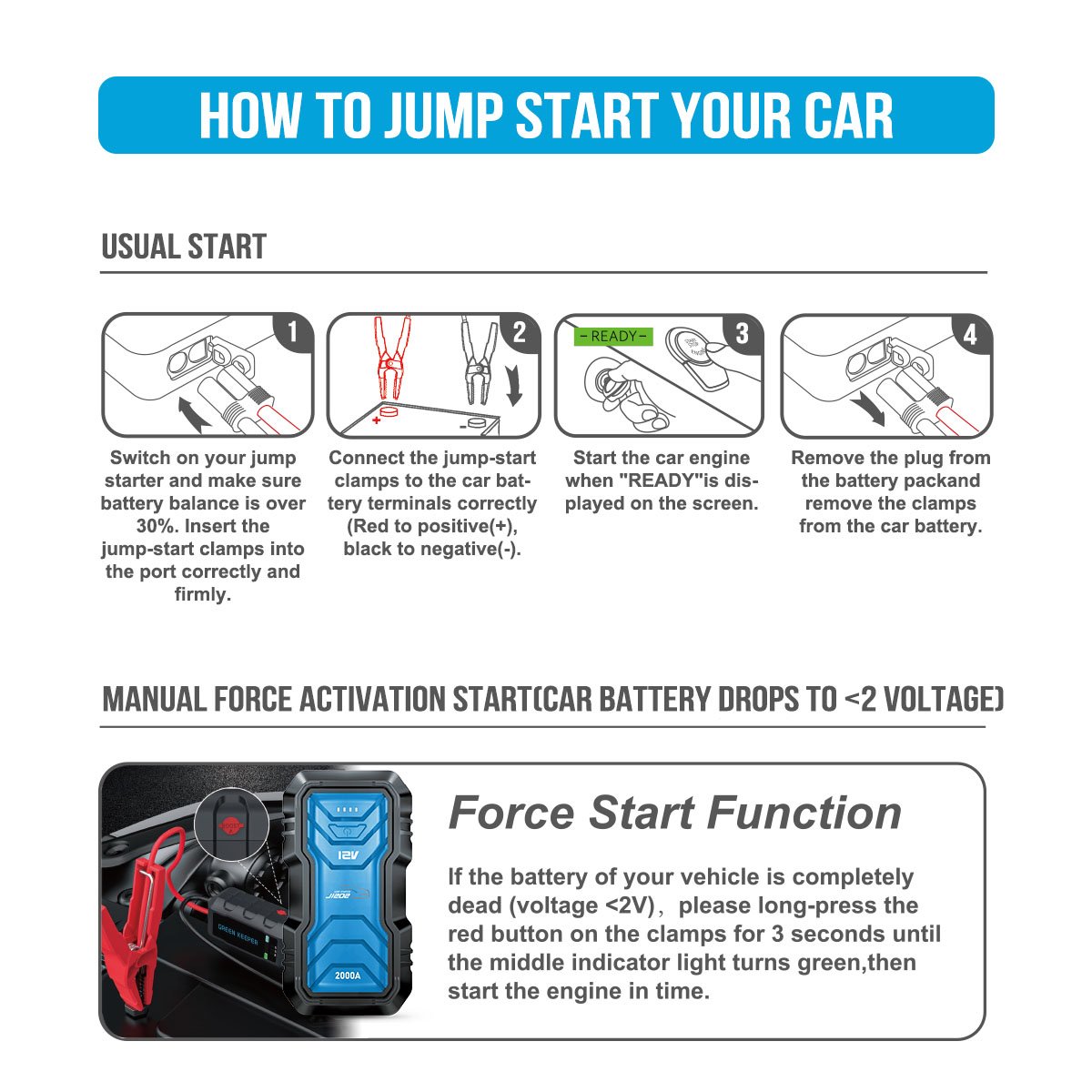 2000A DC 12v Emergency Portable Vehicle Car Battery Booster Pack Power Bank 2 In 1 Battery Tester And Jump Starter