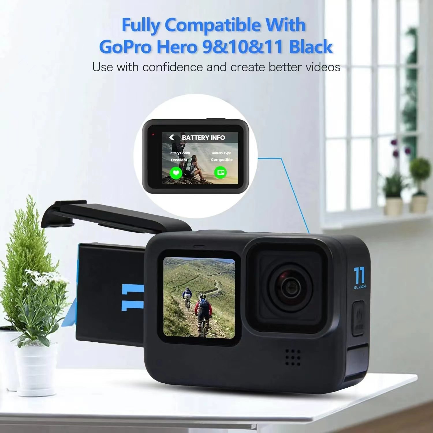 Sports camera battery pack with two black replacement batteries GoPro12 GoPro11 GoPro10 GoPro9 gopro 12 batareja camera