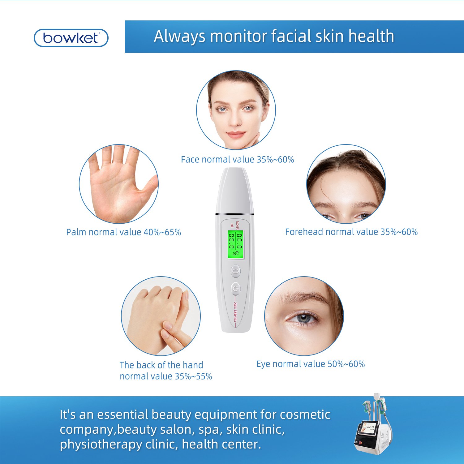 BOWKET 2024 New Digital Skin Tester Oil Humidity Moisture Detection Face Care Home Use Mini Skin Analyzer Machine