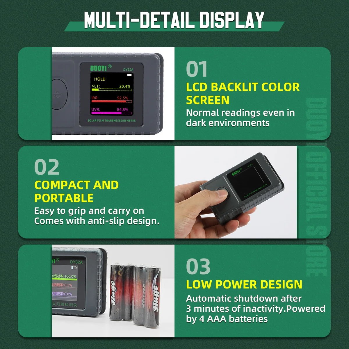 DUOYI DY32A Solar Film Transmission Meter Portable Window Tint Visible Light Transmittance UV IR Rejection Tester