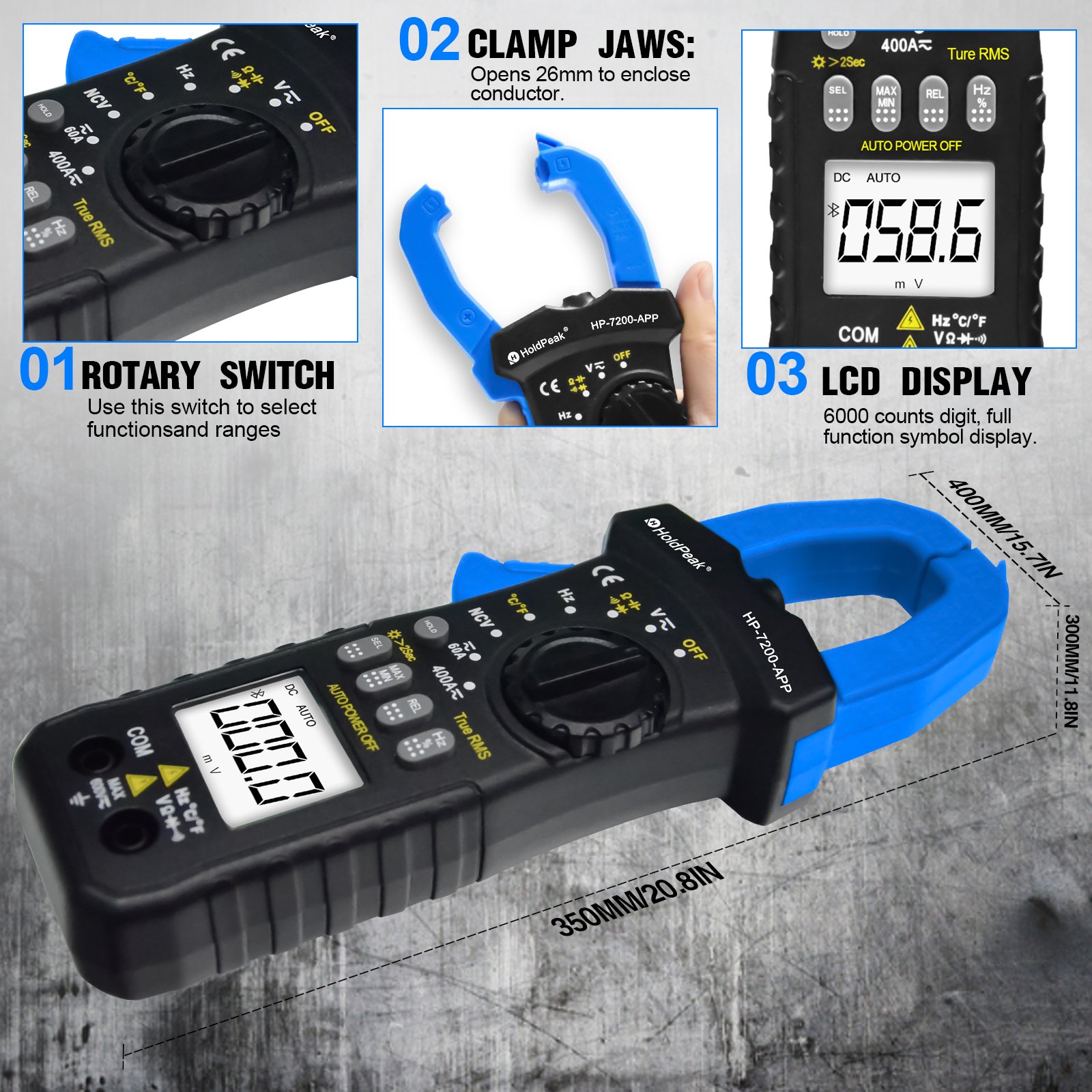 Holdpeak Bluetooth Clamp Meter HP-7200APP 6000 Count Auto Range Bluetooth Clamp MultimeterDC/AC power clamp meter