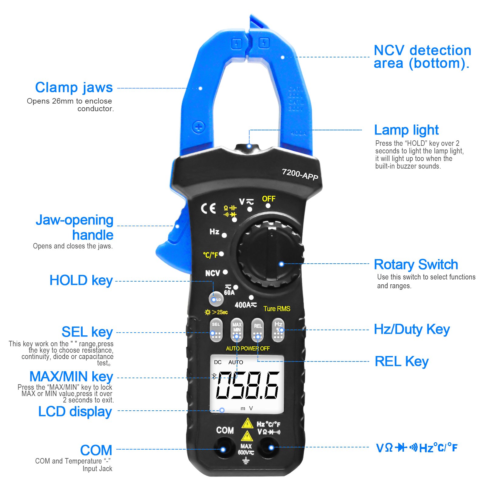 Holdpeak Bluetooth Clamp Meter HP-7200APP 6000 Count Auto Range Bluetooth Clamp MultimeterDC/AC power clamp meter