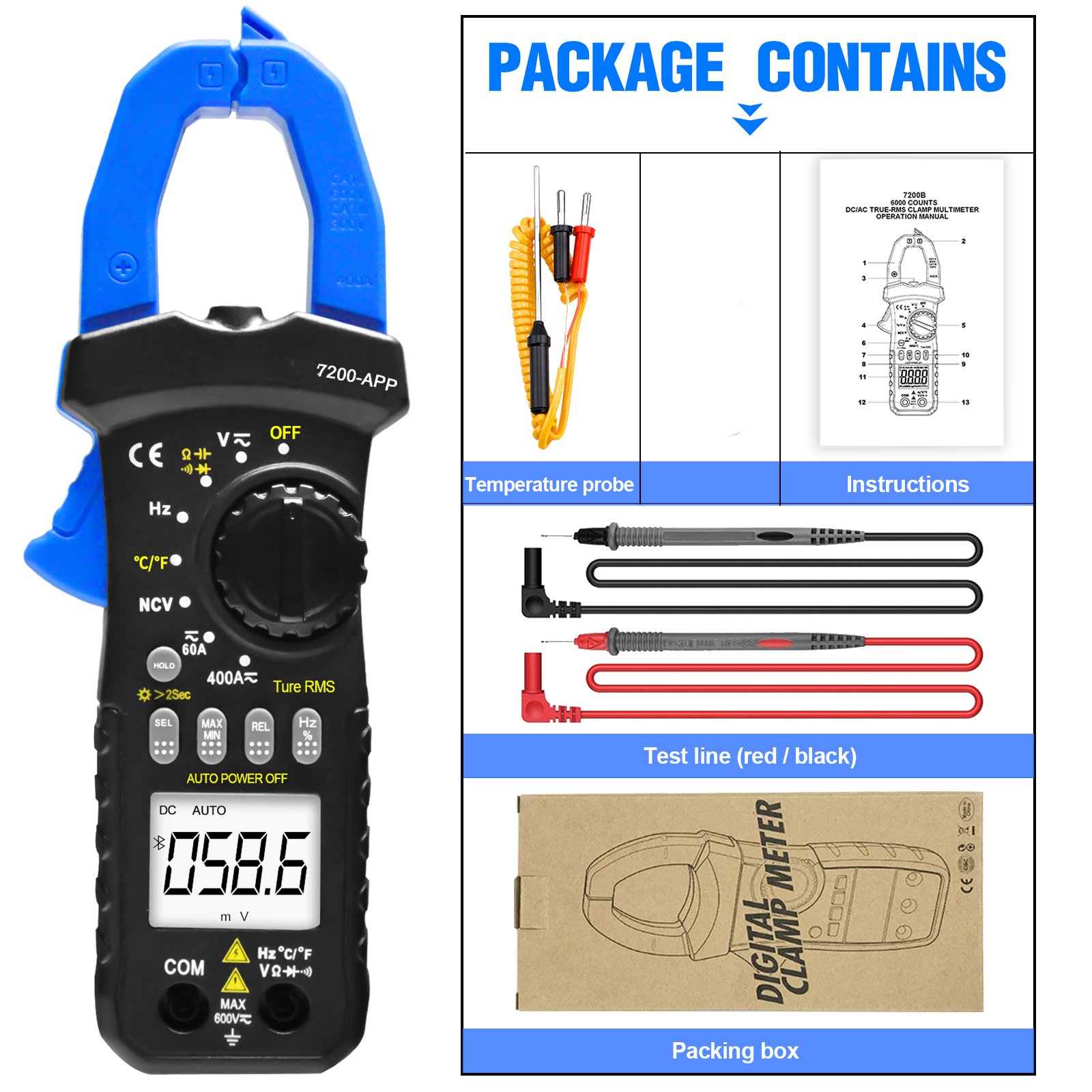 Holdpeak Bluetooth Clamp Meter HP-7200APP 6000 Count Auto Range Bluetooth Clamp MultimeterDC/AC power clamp meter