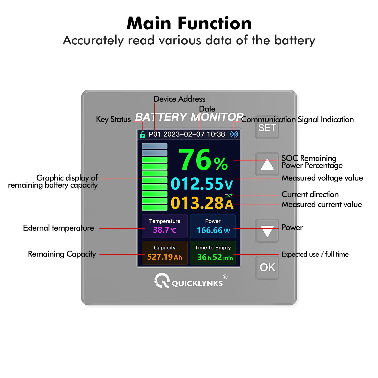Battery Monitor Quicklynks CM100 High precision Coulomb coulometer is used to calculate battery capacity power consumption