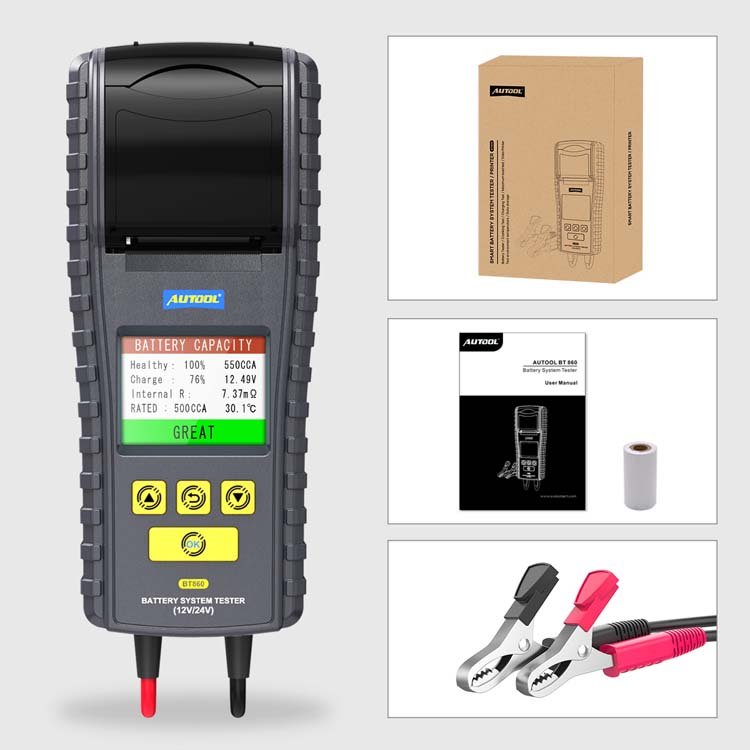 AUTOOL BT860 24V 12V Car Capacity Voltage Load Test Auto Batterie Tester Battery Analyzer With Printer Battery Discharger