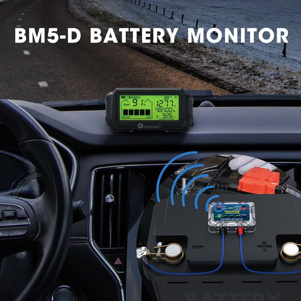 QUICKLYNKS BM5-D 12V LED Battery Monitor Head Up Display Battery Health Tester Analyzer Charging Tester Tool
