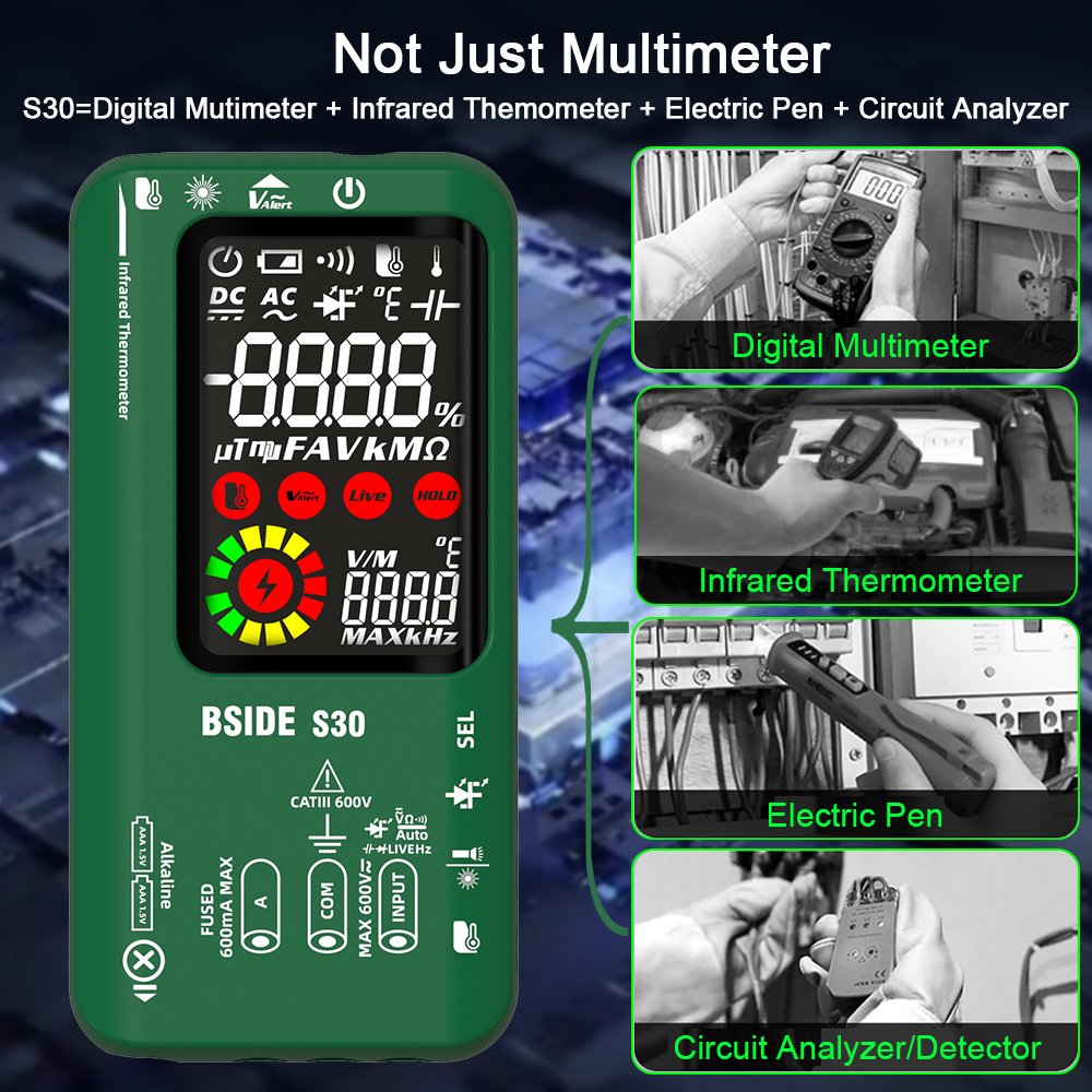 S30 BSIDE Digital Smart Multimeter 9999 T-RMS DC AC Voltage Current 15V Diode Capacitor Ohm NCV USB Rechargeable Tester