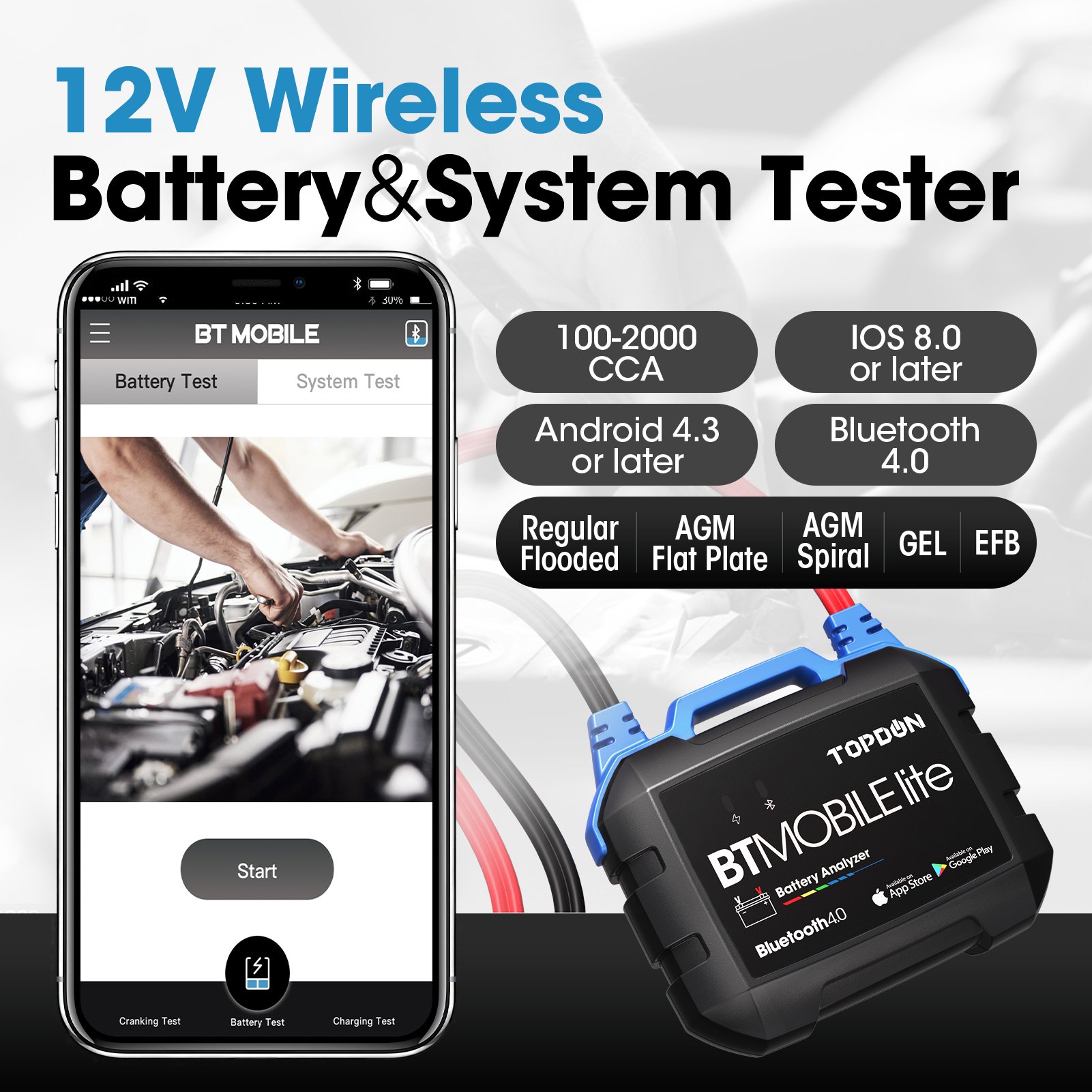 TOPDON BTMobile Lite Car Battery Tester Support 12V Car Battery Load Tester Battery 6/12 Volts