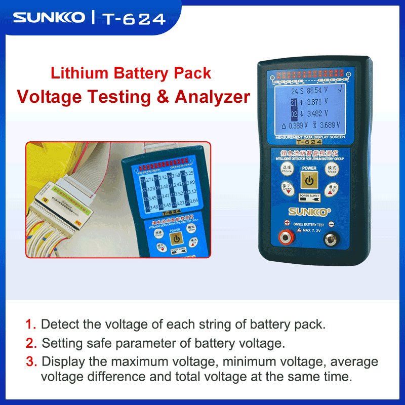 SUNKKO T624 lithium battery pack tester 8A active equalization board suit differential pressure intelligent detection analyzer