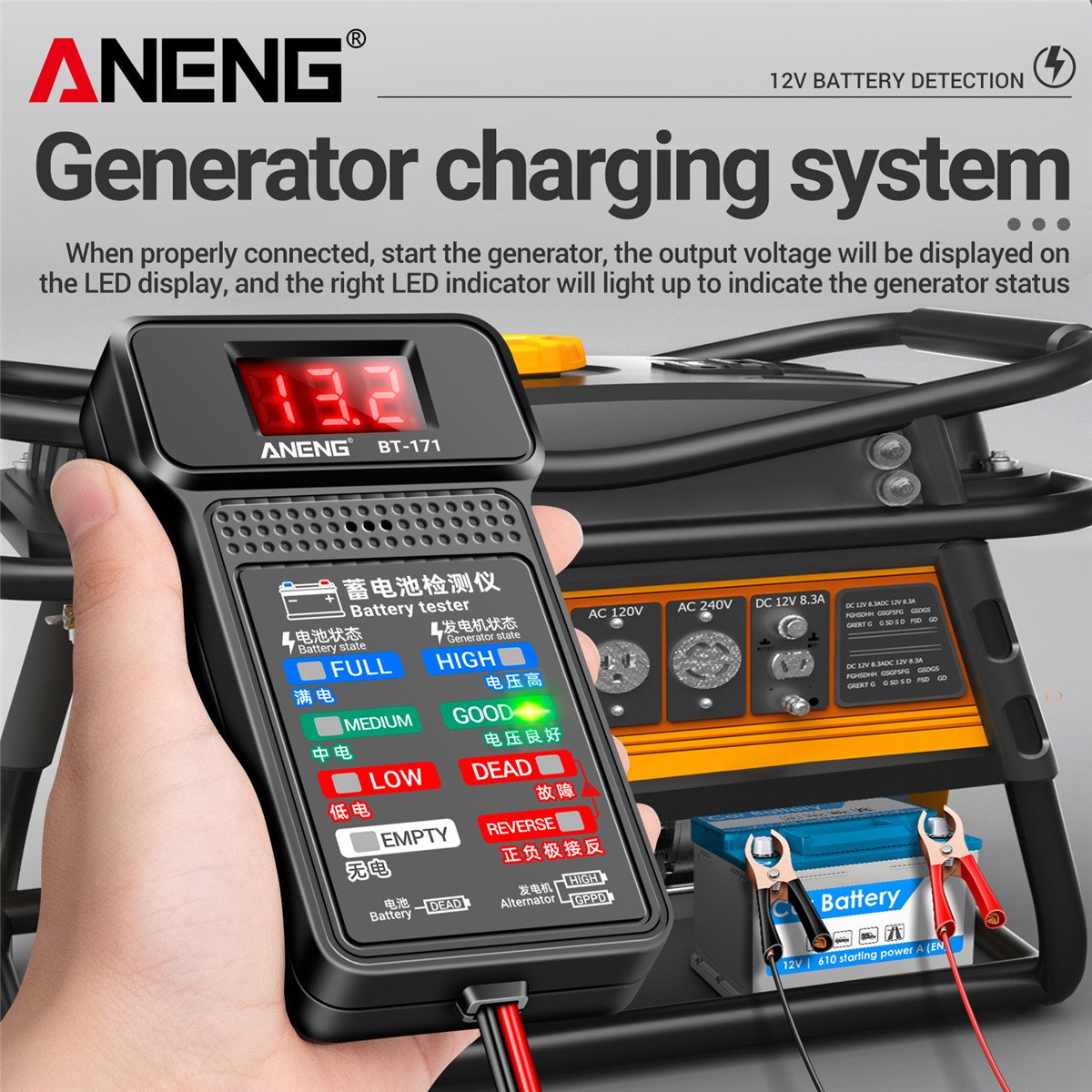 ANENG BT-171 12V Multifunctional Battery Testers Auto Repair Industry Detection with LED Reverse Display Screen Electrician Tool