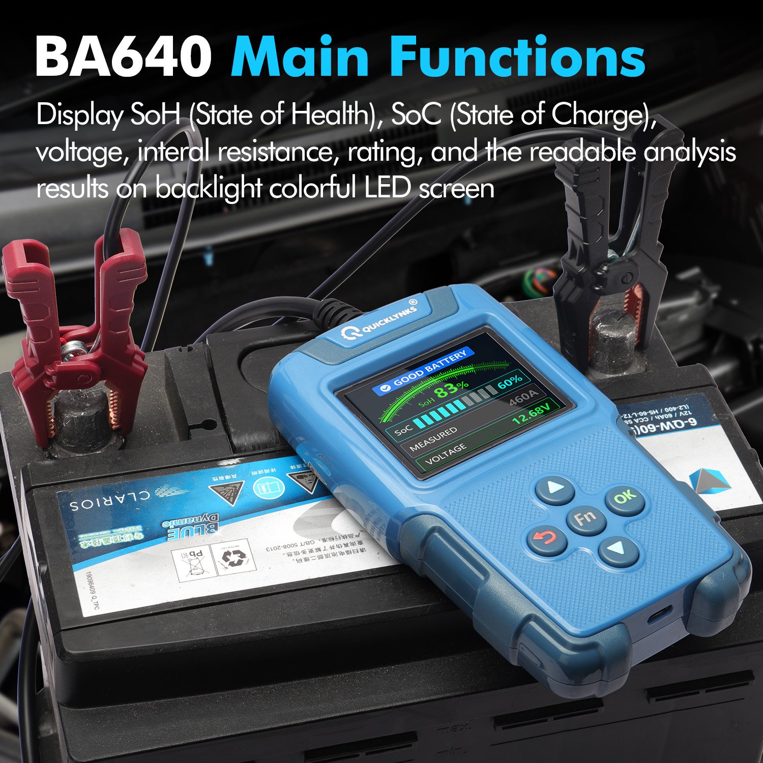 High precision car and motorcycle battery tester 6v 12v 24V battery detection health status soc soh internal resistance CCA test
