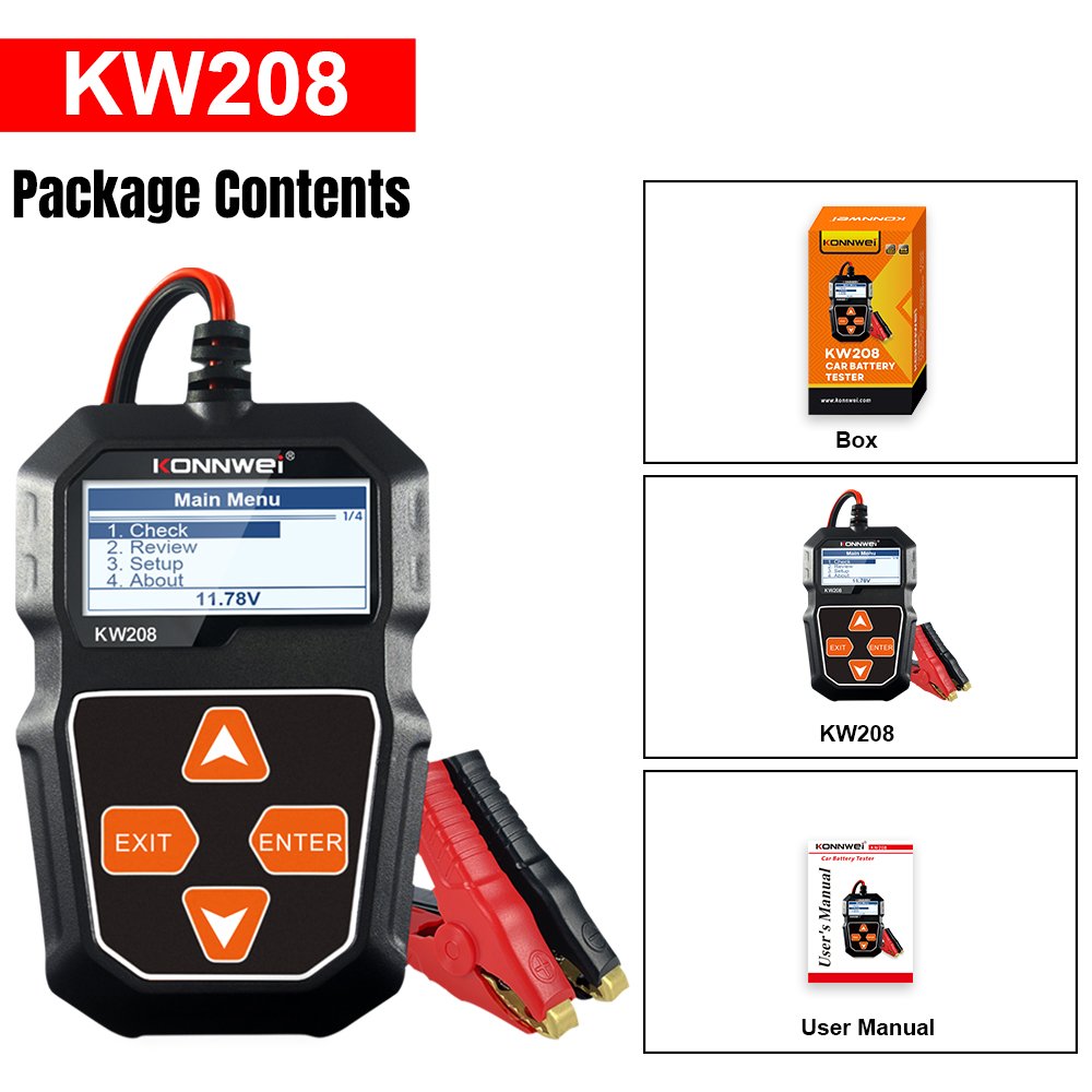 KONNWEI Factory Supply KW208 100-2000 CCA 12V Digital Battery Tester for voltage SOC SOH starter alternator
