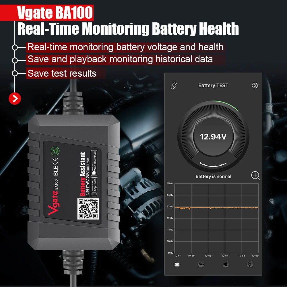 BA100 Bluetooth 4.0 12v Car Battery Tester Auto Battery Analyzer Test Tool Battery Monitor iOS Android