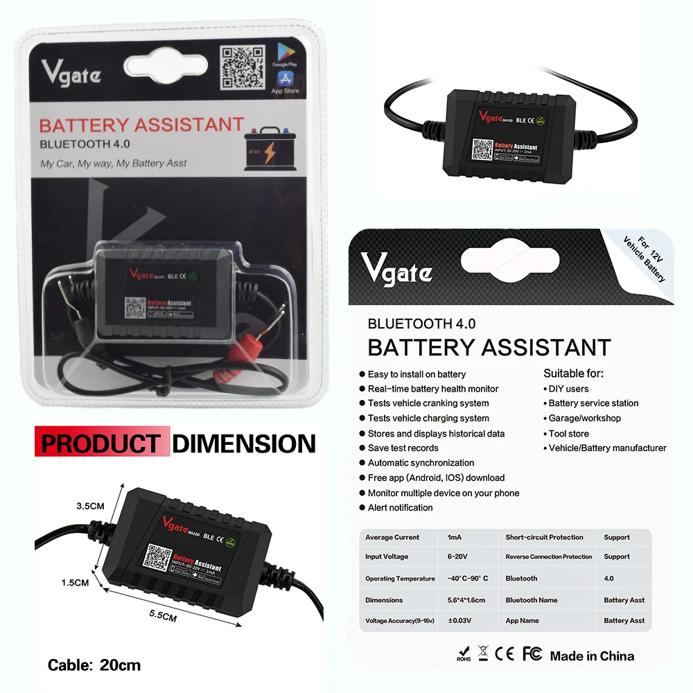 BA100 Bluetooth 4.0 12v Car Battery Tester Auto Battery Analyzer Test Tool Battery Monitor iOS Android