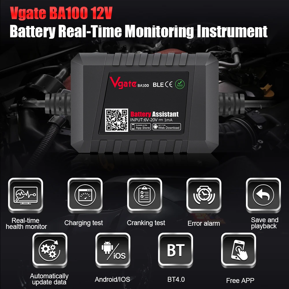 BA100 Bluetooth 4.0 12v Car Battery Tester Auto Battery Analyzer Test Tool Battery Monitor iOS Android