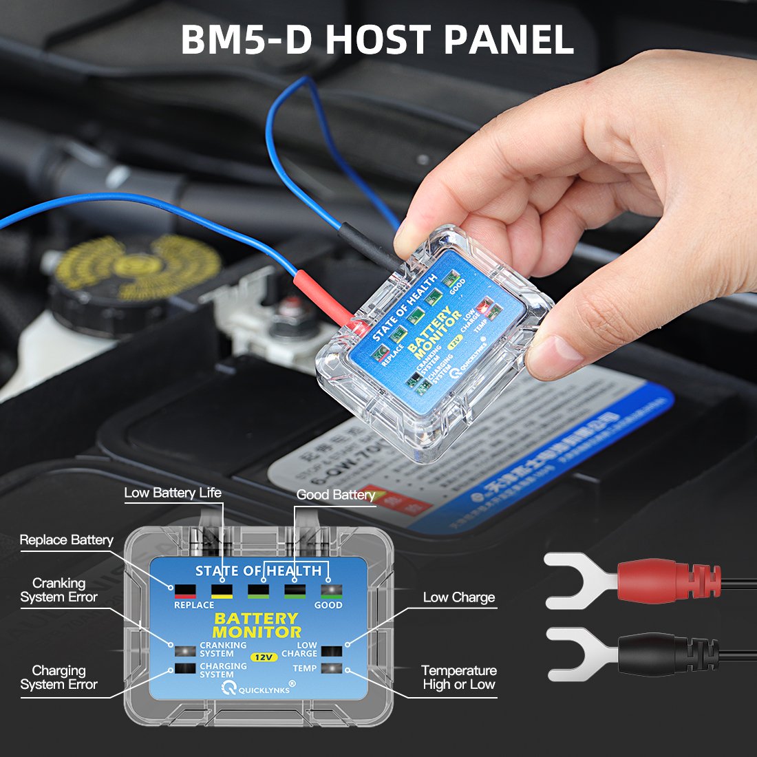 Battery Monitor Head Up Display Battery Health status Analyzer Charging Test SOC SOH CCA VOL QUICKLYNKS BM5-D 12V LED