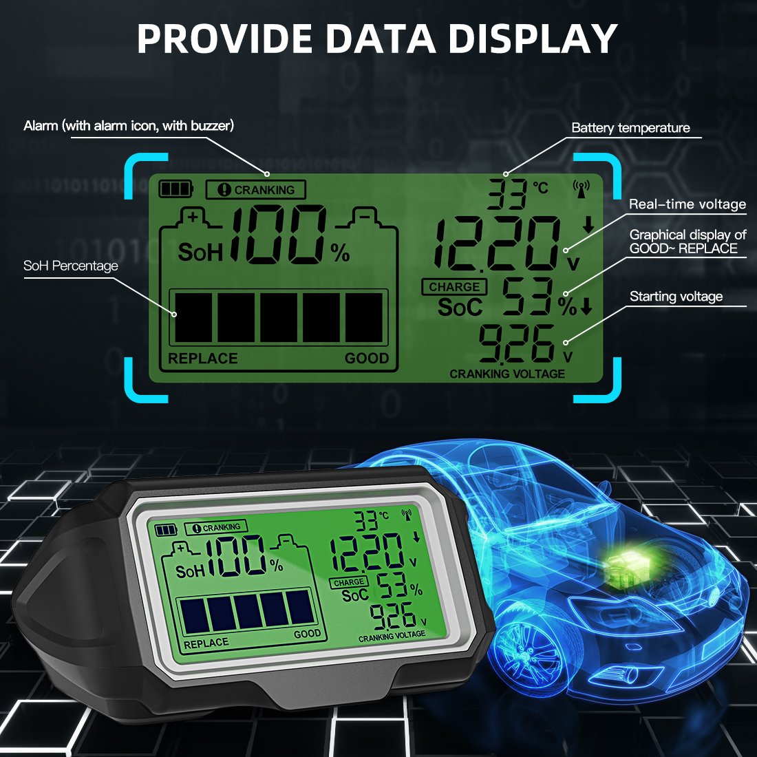 Battery Monitor Head Up Display Battery Health status Analyzer Charging Test SOC SOH CCA VOL QUICKLYNKS BM5-D 12V LED
