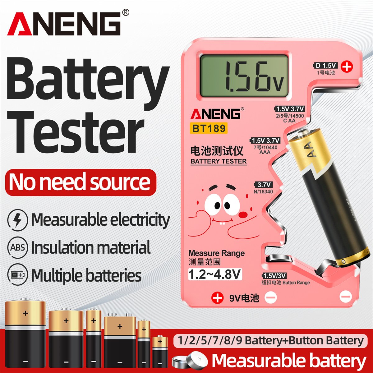 ANENG BT189 Universal Battery Tester for C,AA,AAA,D,N,9V 6F22 Batteries 1.5V 3V Button Cell Battery Indicator Electric Tools