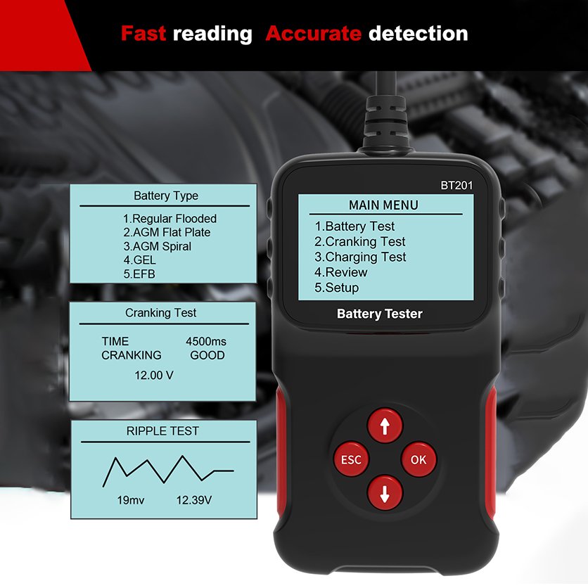 12V Car Battery Detection BT201 12V Car Battery Tester 100-2000 CCA AGM Internal Resistance Tester Auto Battery Analyzer
