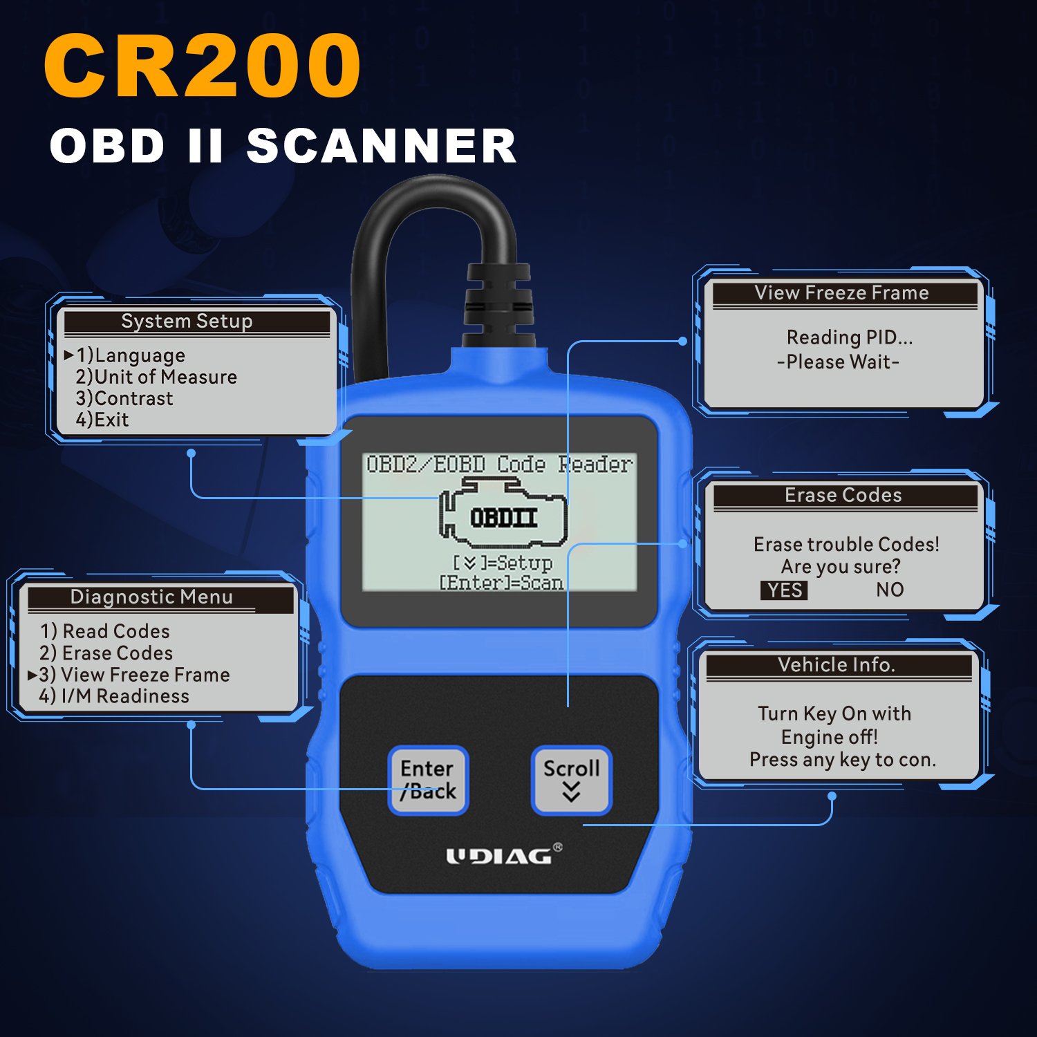 UDIAG CR200 OBD2 Auto Scanner ABS Plastic Multi-Model Car Scan Check Engine Diagnostic Tool Fault Automotive OBDII Code Reader