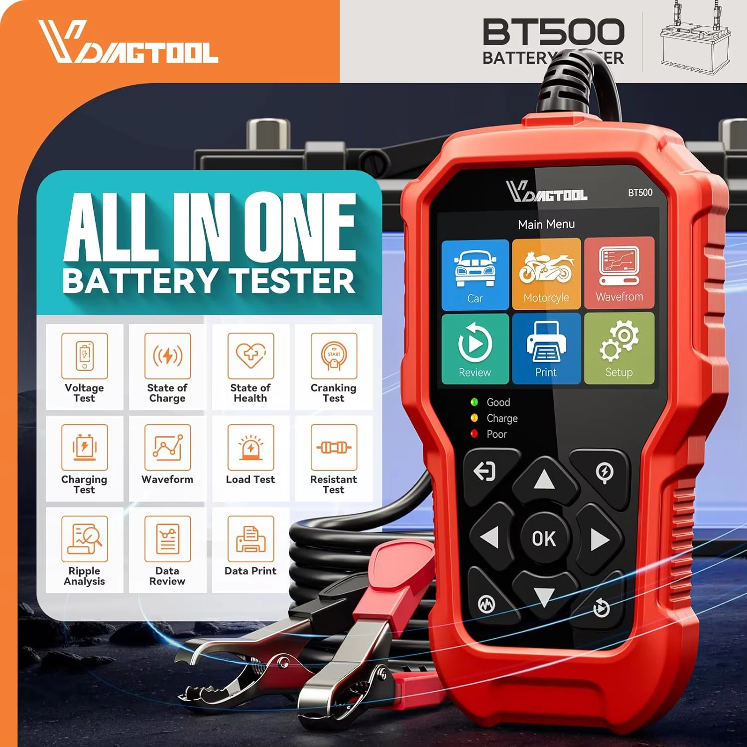 VDIAGTOOL BT500 Car Battery Tester 6V/12V/24V Vehicles Digital Automotive Diagnostic Cranking Charging Battery Tester Analyzer