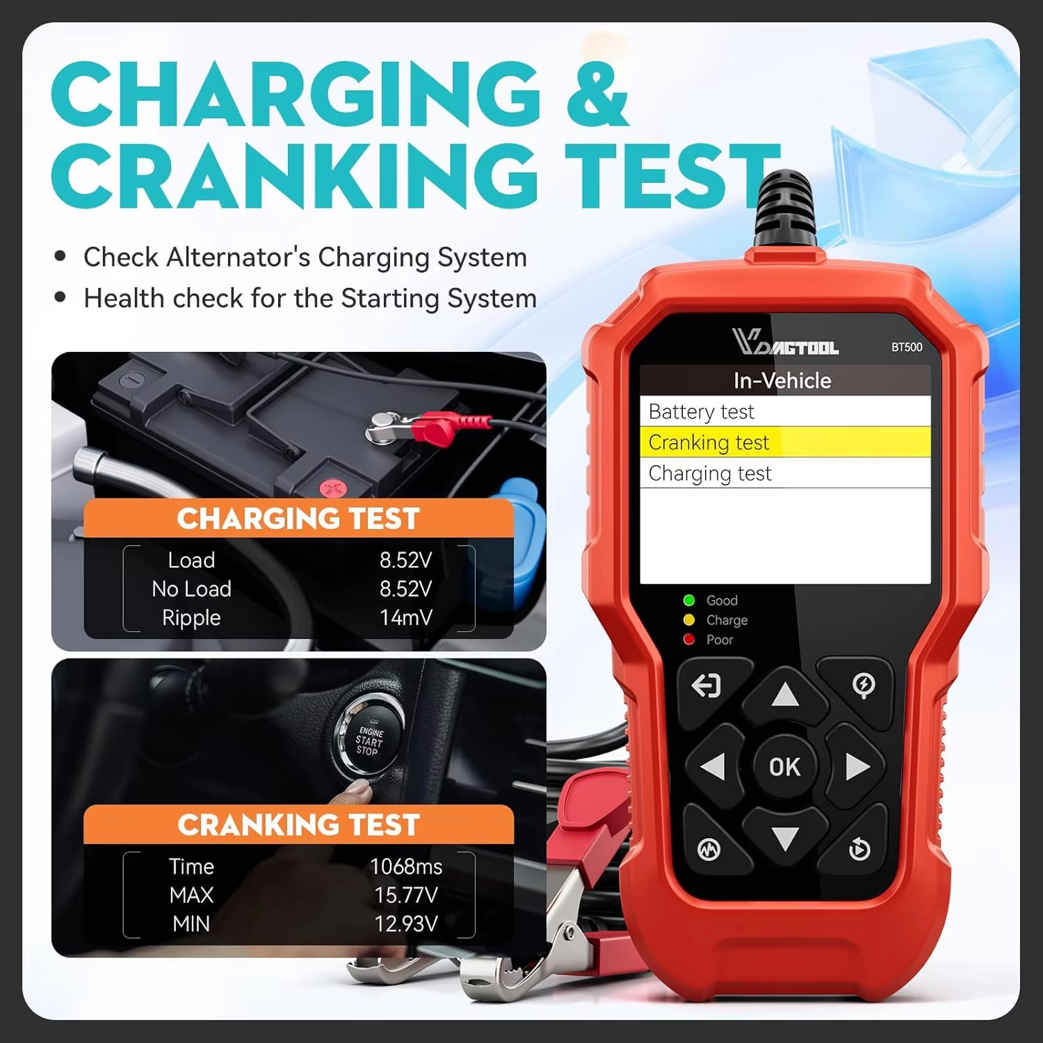 VDIAGTOOL BT500 Car Battery Tester 6V/12V/24V Vehicles Digital Automotive Diagnostic Cranking Charging Battery Tester Analyzer