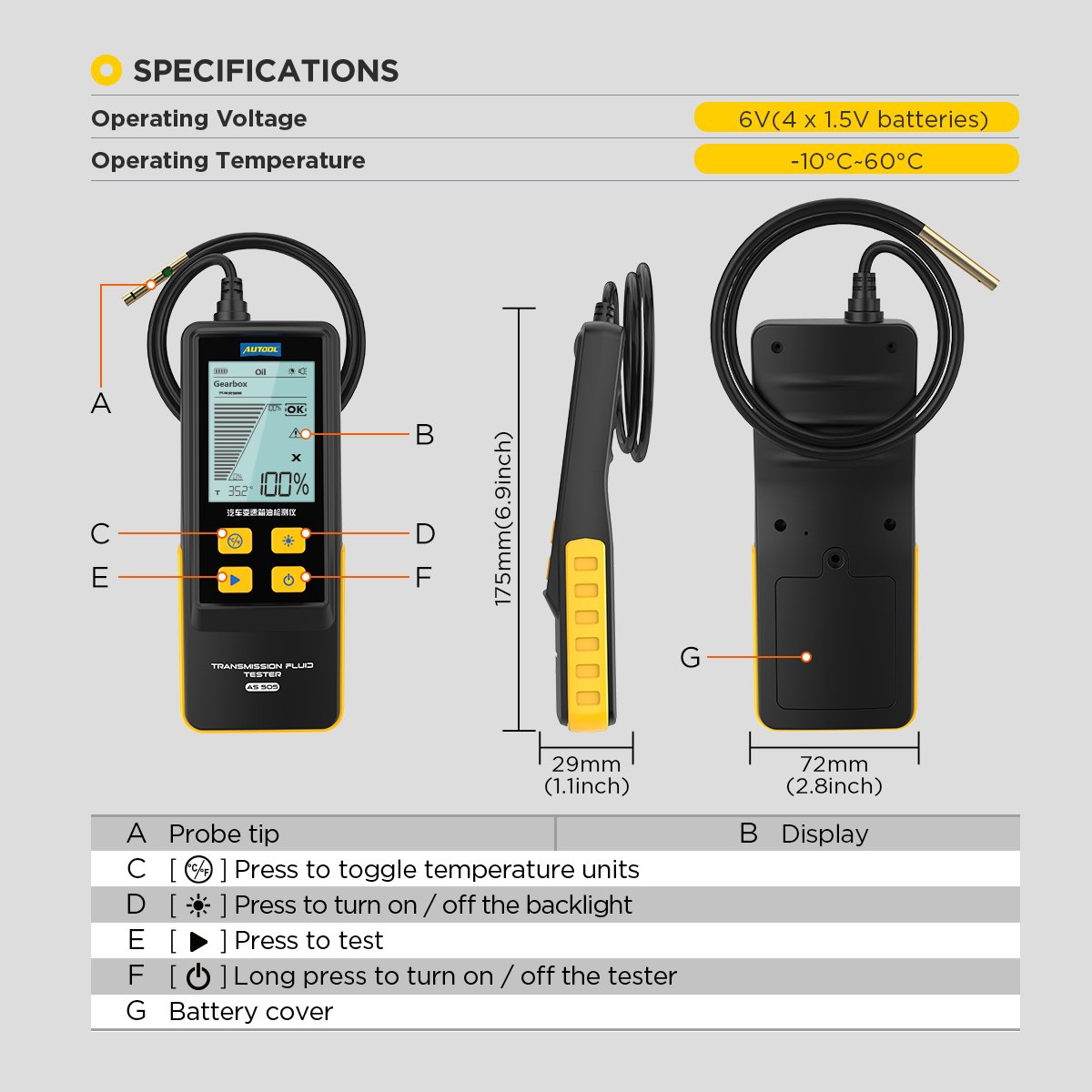 AUTOOL AS505 Temperature Transmittance ATF Automotive Transmission Fluid Measurement Tester