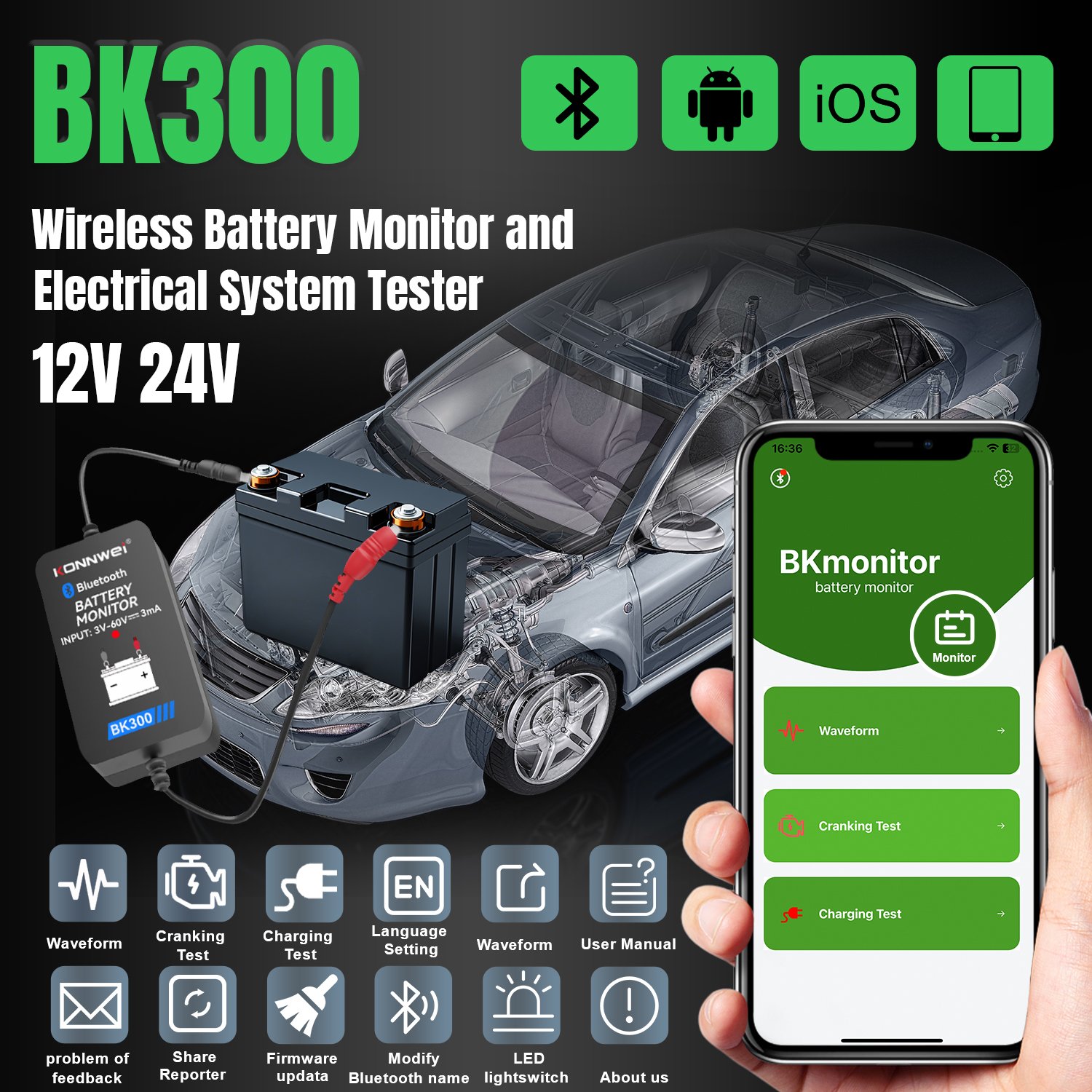 New model Konnwei bk300 same as BM2 12V Bluetooth 4.0 Car Battery Monitor car cranking tester 12v battery monitor support OEM