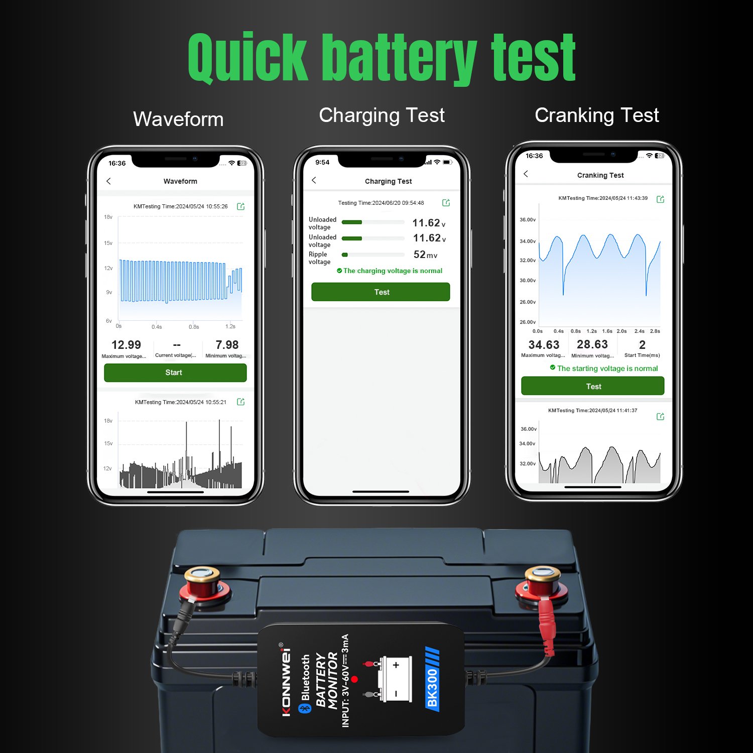 New model Konnwei bk300 same as BM2 12V Bluetooth 4.0 Car Battery Monitor car cranking tester 12v battery monitor support OEM