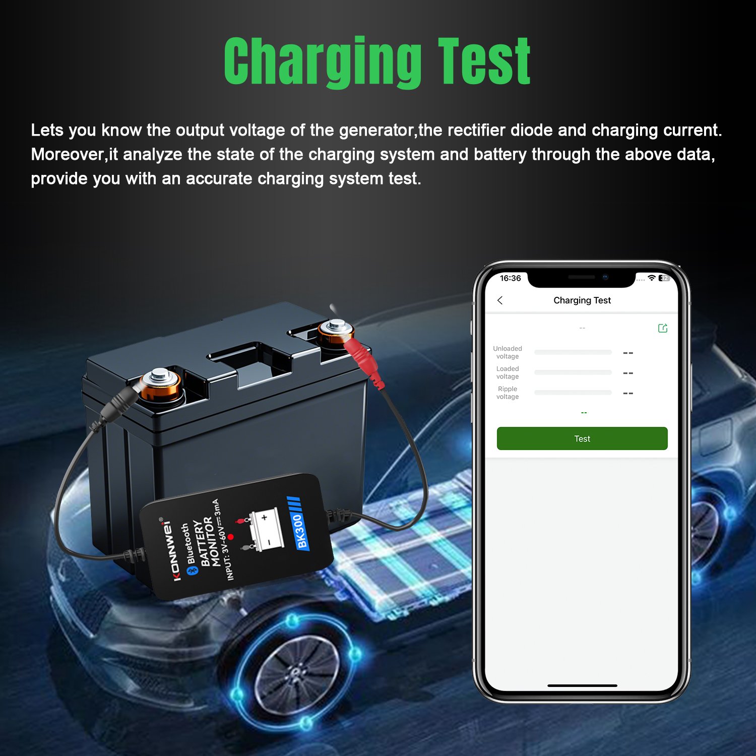 New model Konnwei bk300 same as BM2 12V Bluetooth 4.0 Car Battery Monitor car cranking tester 12v battery monitor support OEM