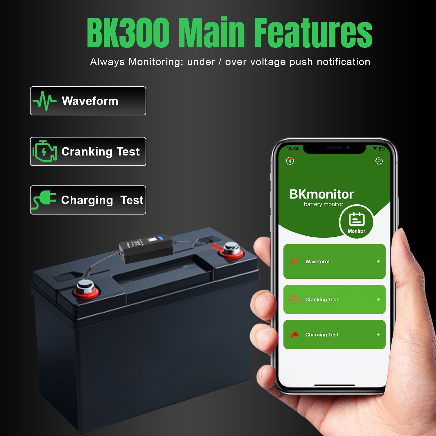 New model Konnwei bk300 same as BM2 12V Bluetooth 4.0 Car Battery Monitor car cranking tester 12v battery monitor support OEM