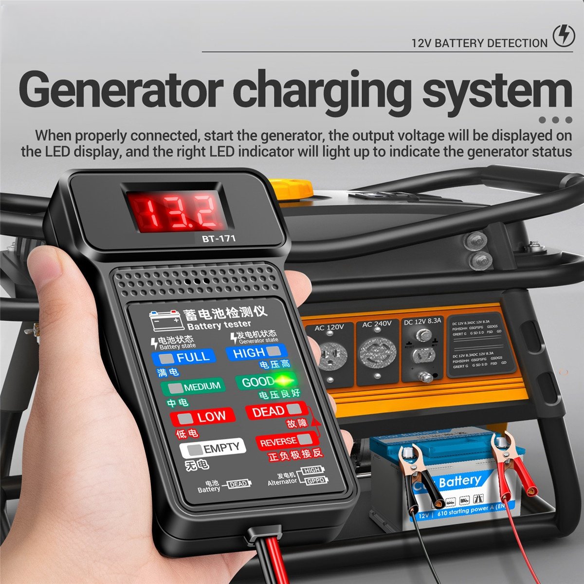 12V Car Battery Tester with LED Reverse Display Dlectrical Tools for Automotive Maintenance Industry Testing
