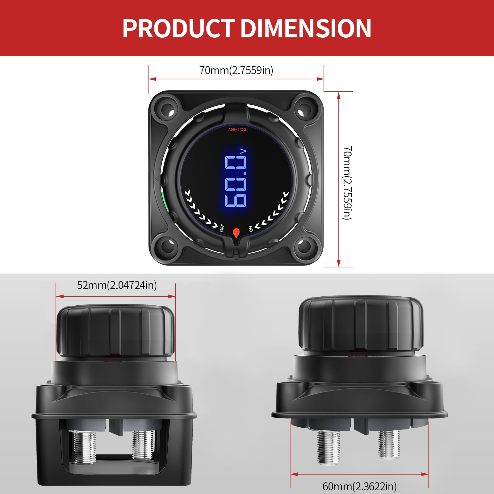 Upgrade Battery Disconnect Switch with Voltmeter, DC 5-60V Master Isolator Cut/Shut Off Switch for Marine Boat Car Truck Camper