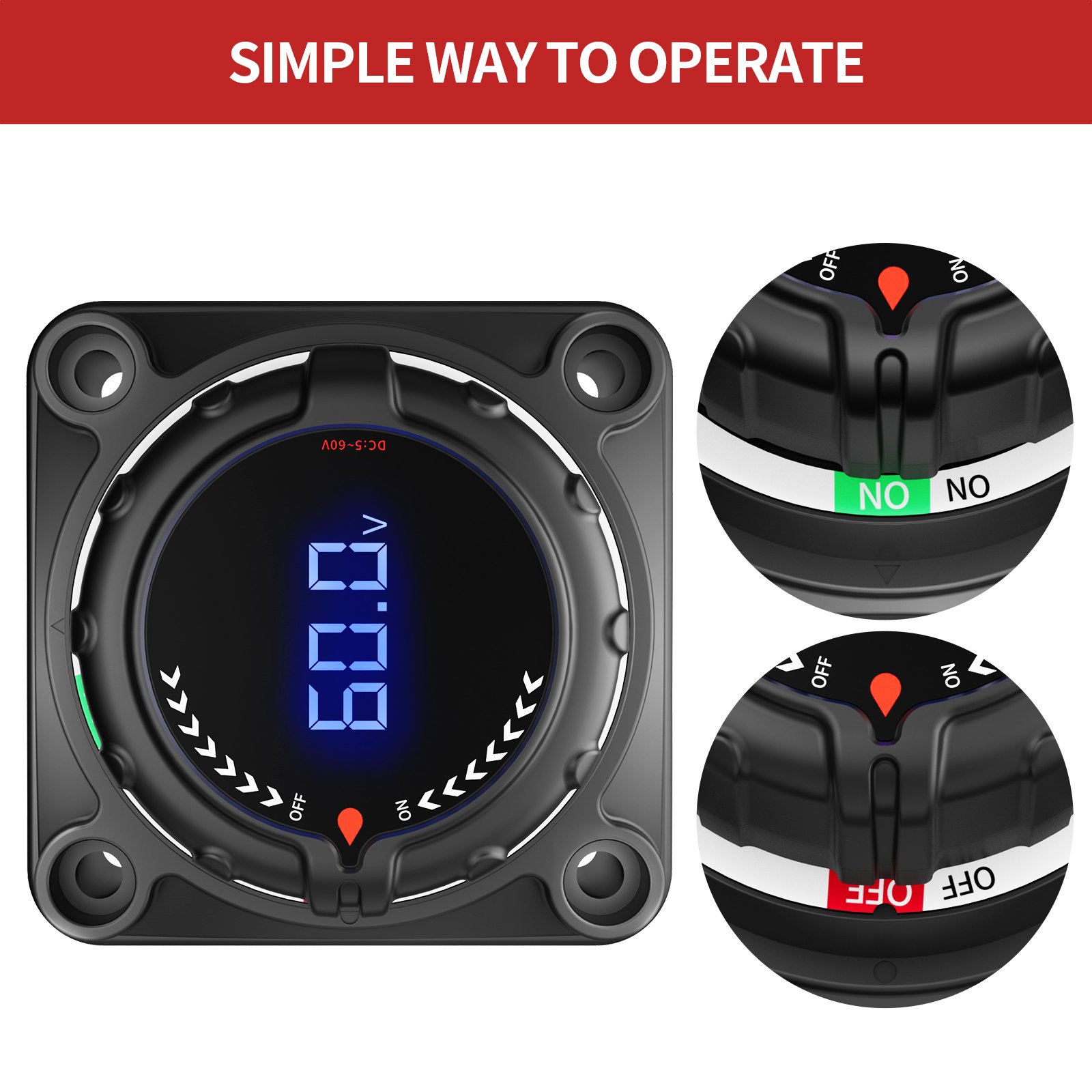 Upgrade Battery Disconnect Switch with Voltmeter, DC 5-60V Master Isolator Cut/Shut Off Switch for Marine Boat Car Truck Camper
