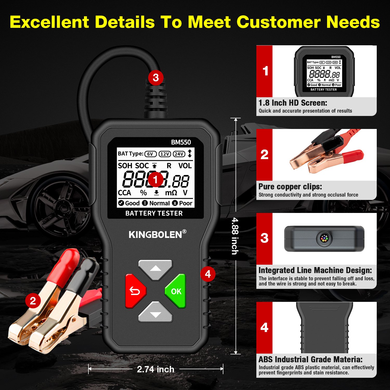 BM550 Vehicle Battery Tester OBD2 6V 12V 24V Battery System Detection Automotive Battery Analysis and Diagnosis Instrument