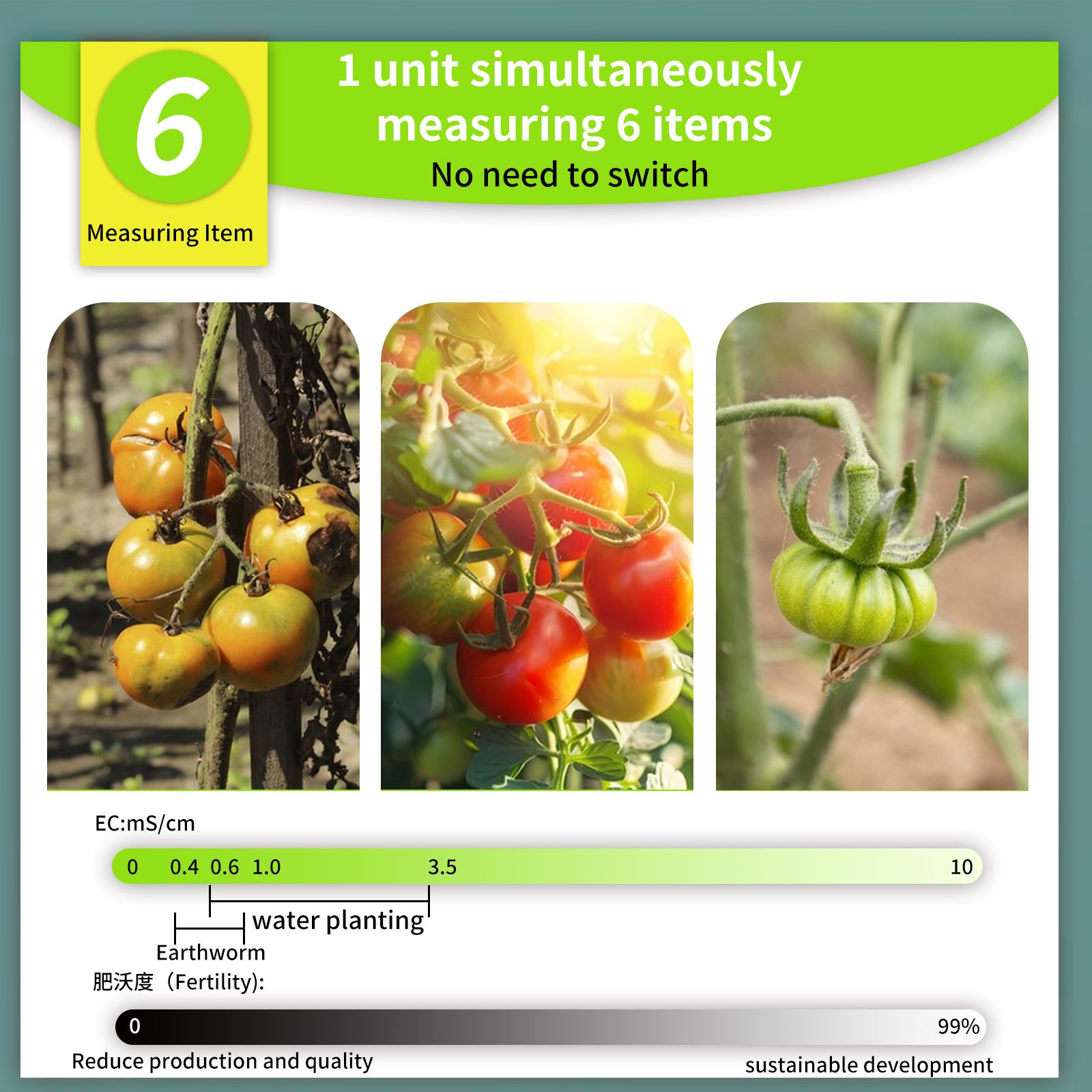 Factory High Quality 6- in -1 soil tester soil /EC/humidity/Fertility/Light /temperature Soil ph Meter