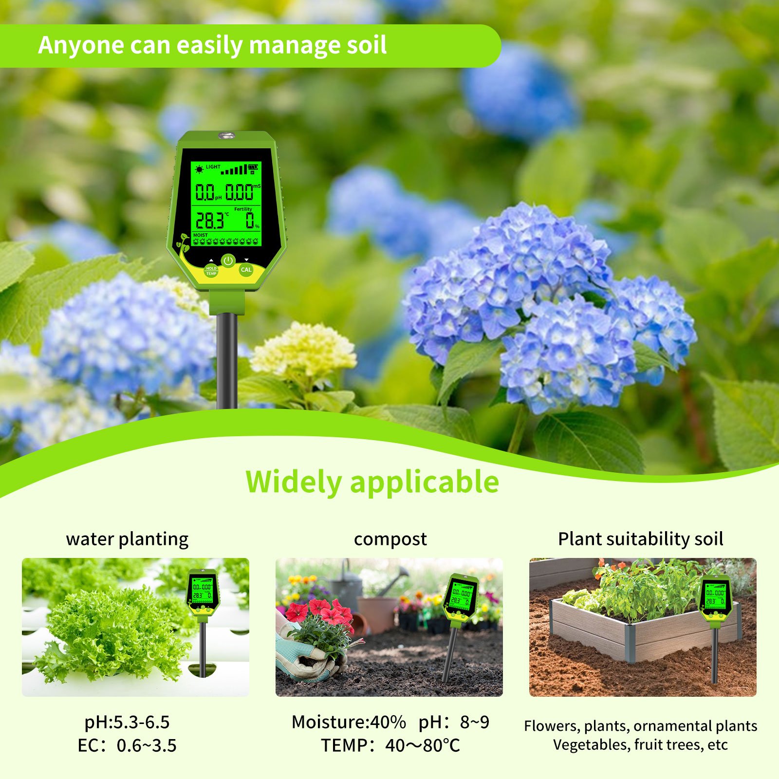 Factory High Quality 6- in -1 soil tester soil /EC/humidity/Fertility/Light /temperature Soil ph Meter