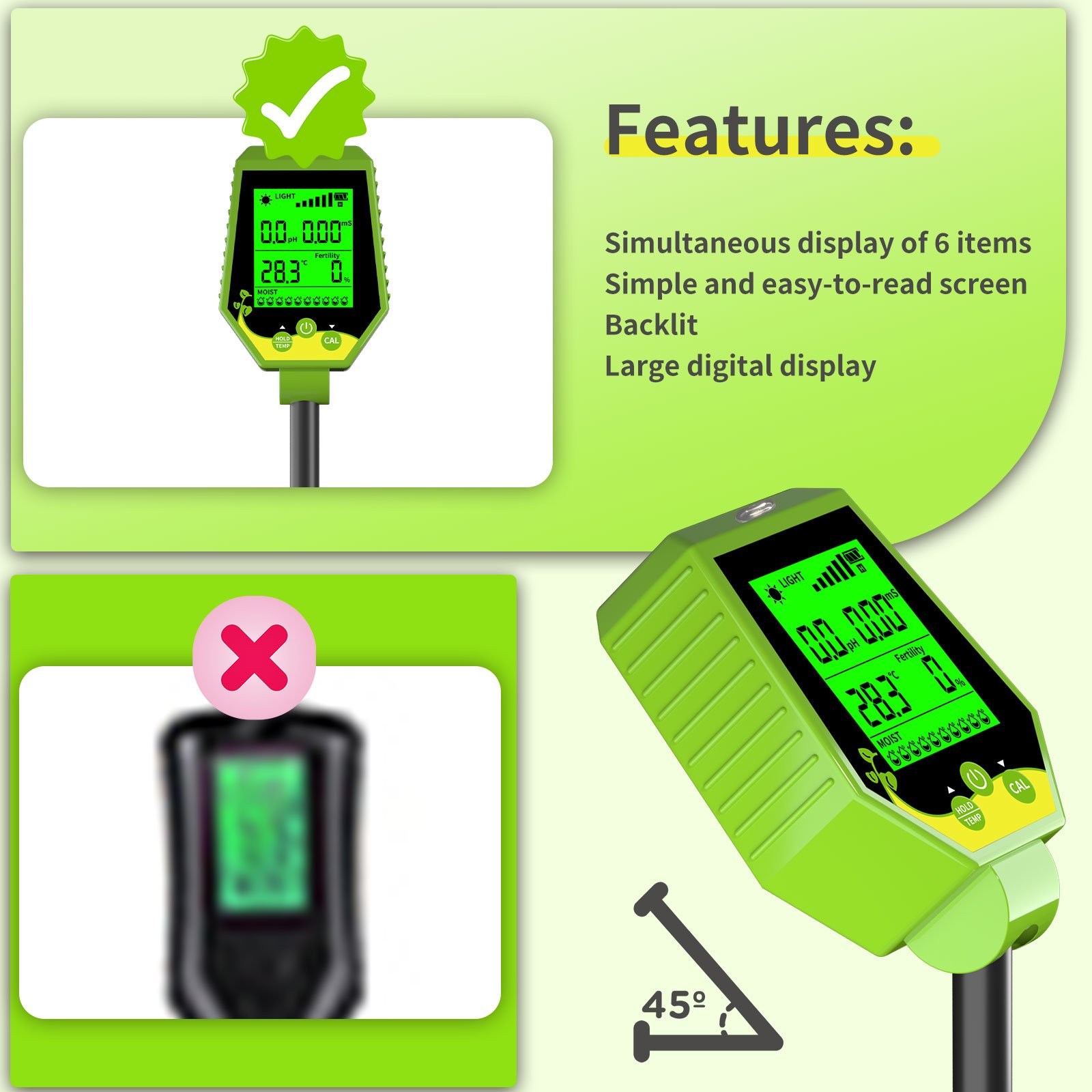 Factory High Quality 6- in -1 soil tester soil /EC/humidity/Fertility/Light /temperature Soil ph Meter