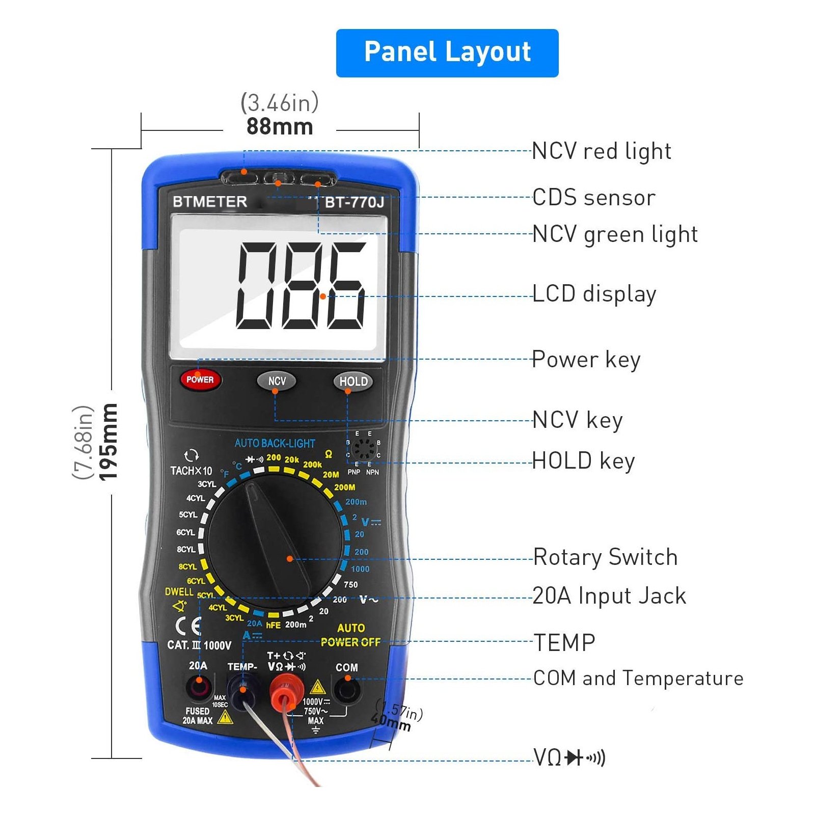 HoldPeak HP-770J, Battery-powered handheld LCD digital multi-meter designed for automotive repair.