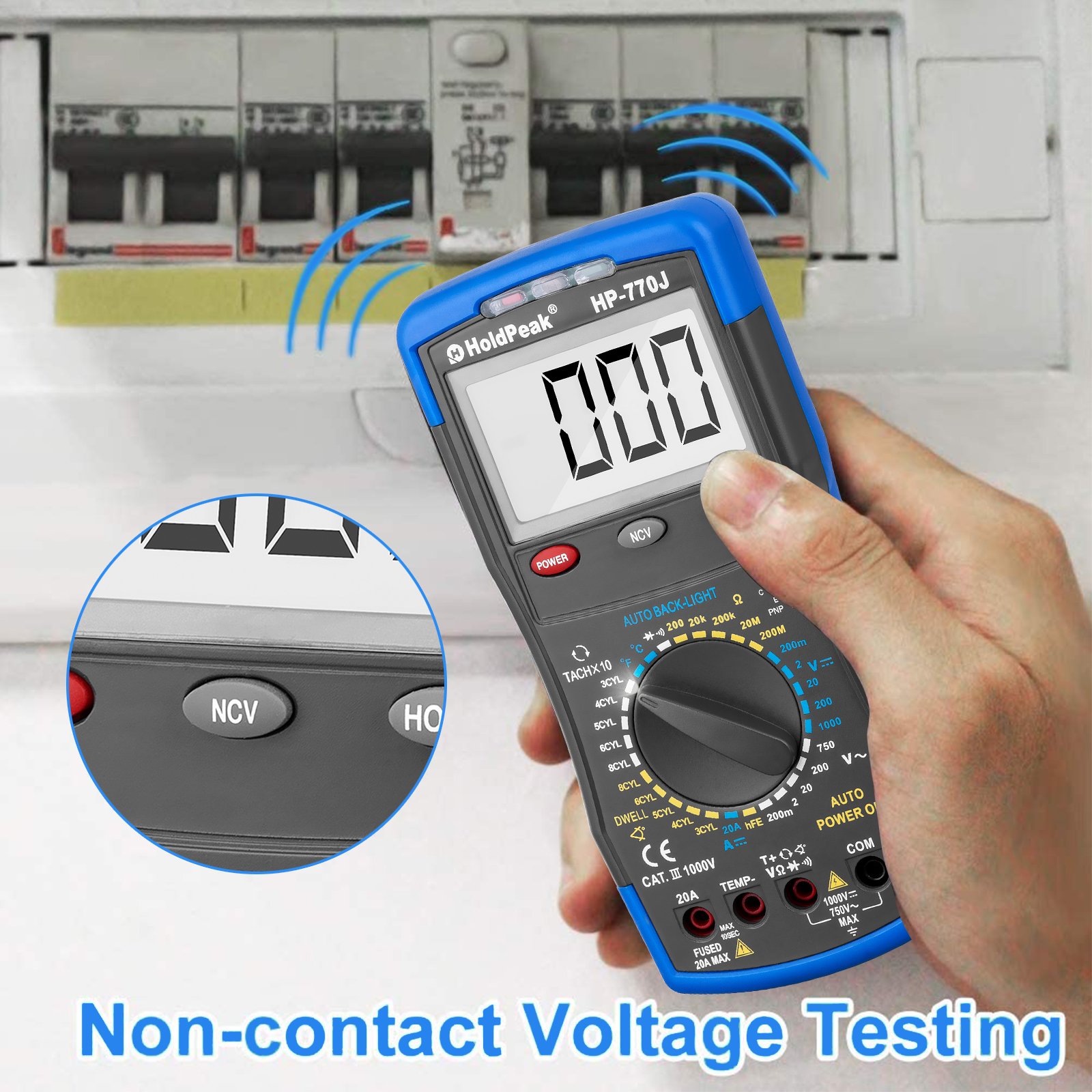 HoldPeak HP-770J, Battery-powered handheld LCD digital multi-meter designed for automotive repair.