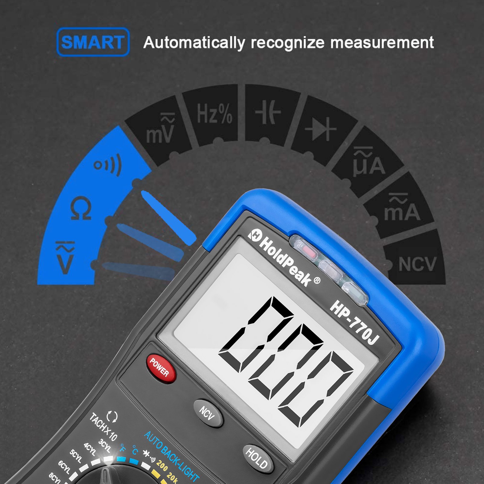 HoldPeak HP-770J, Battery-powered handheld LCD digital multi-meter designed for automotive repair.
