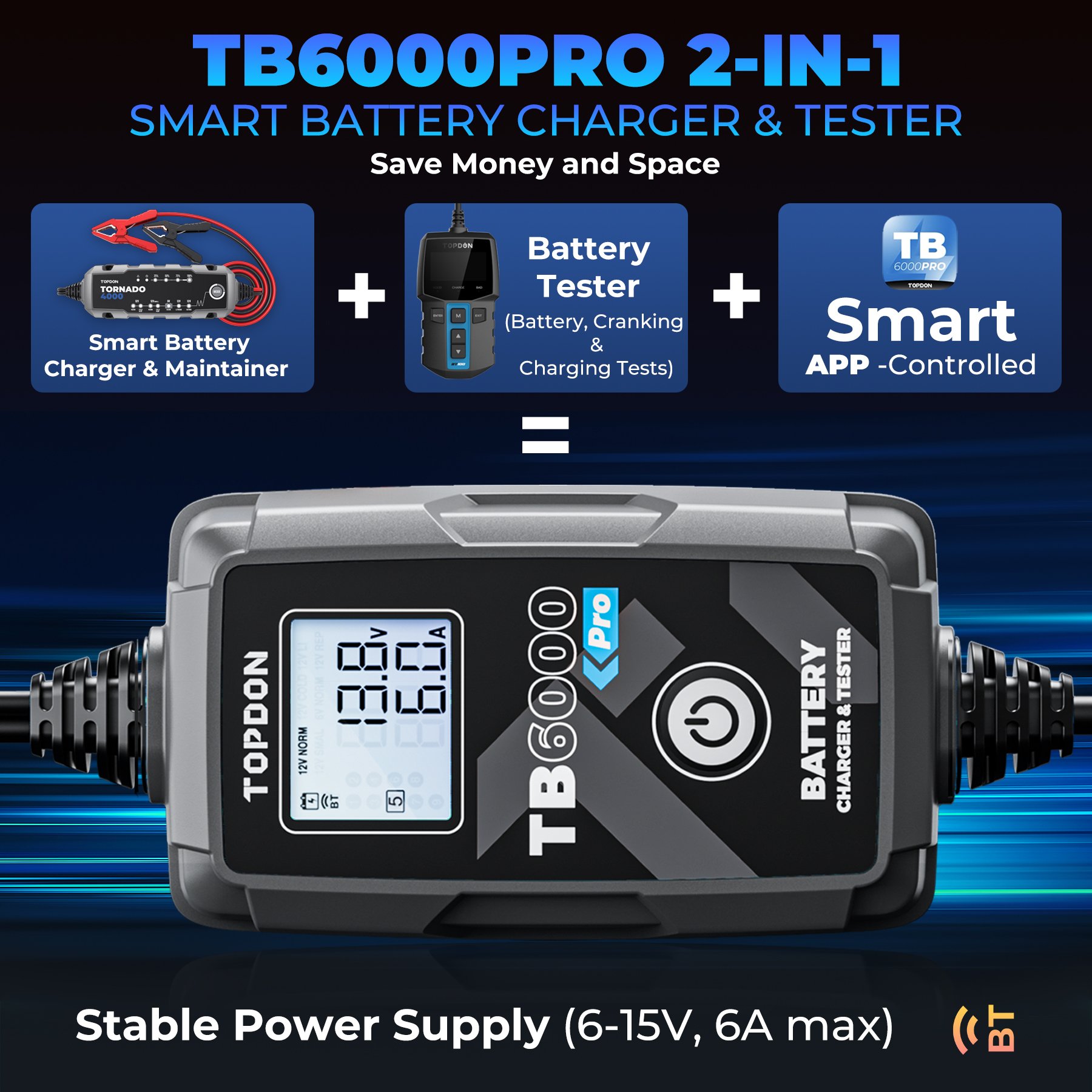 TOPDON FIRST NEW DEVELOP TB6000 PRO 2 IN 1 6V 12V Lead Acid Lithium Lifepo4 Car Motorcycle Vehicles Battery Charger and Tester