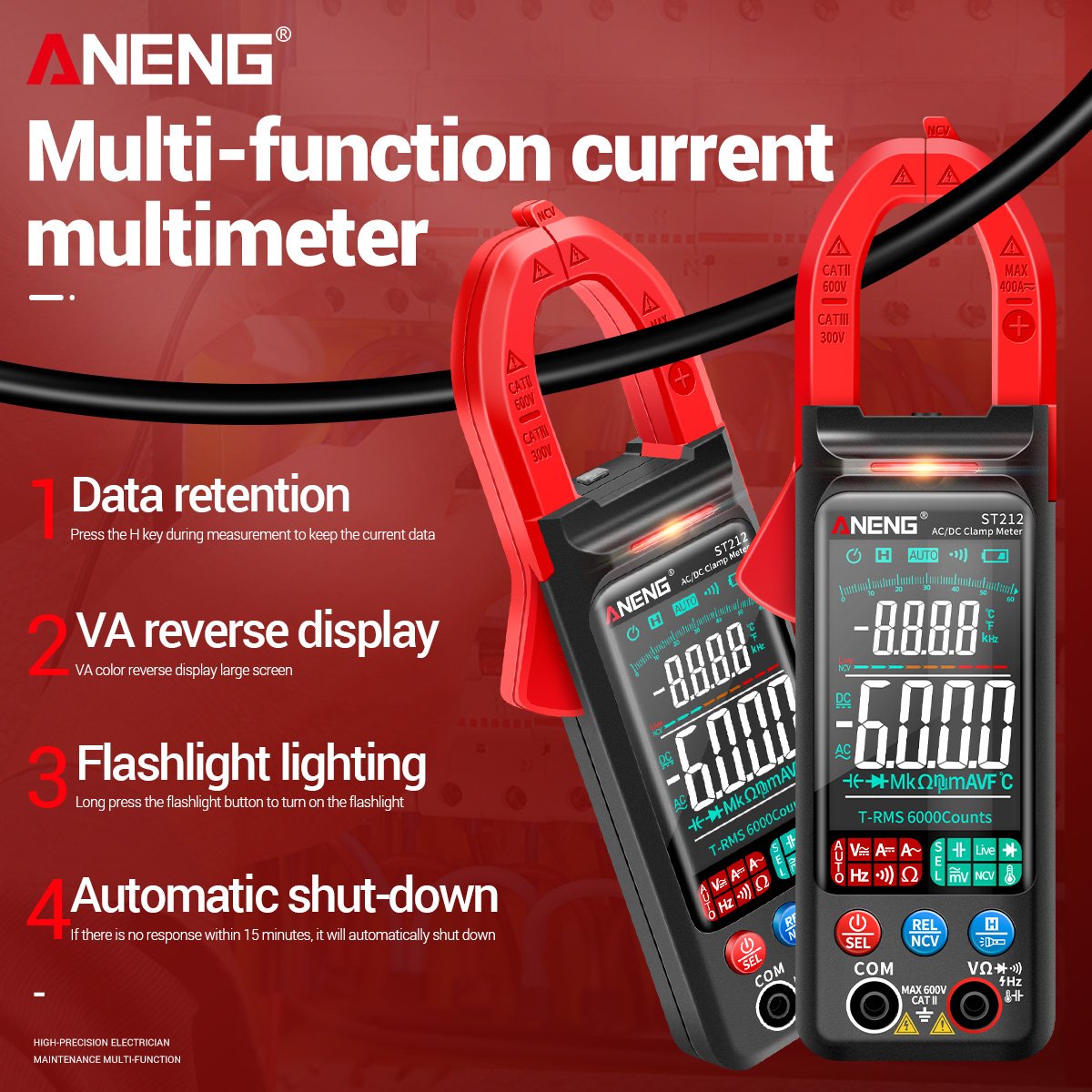 ANENG ST212 Digital Clamp Meter 6000 Counts DC/AC Current 400A Amp Multimeter Large Color Screen Voltage Tester Car Hz NCV Ohm