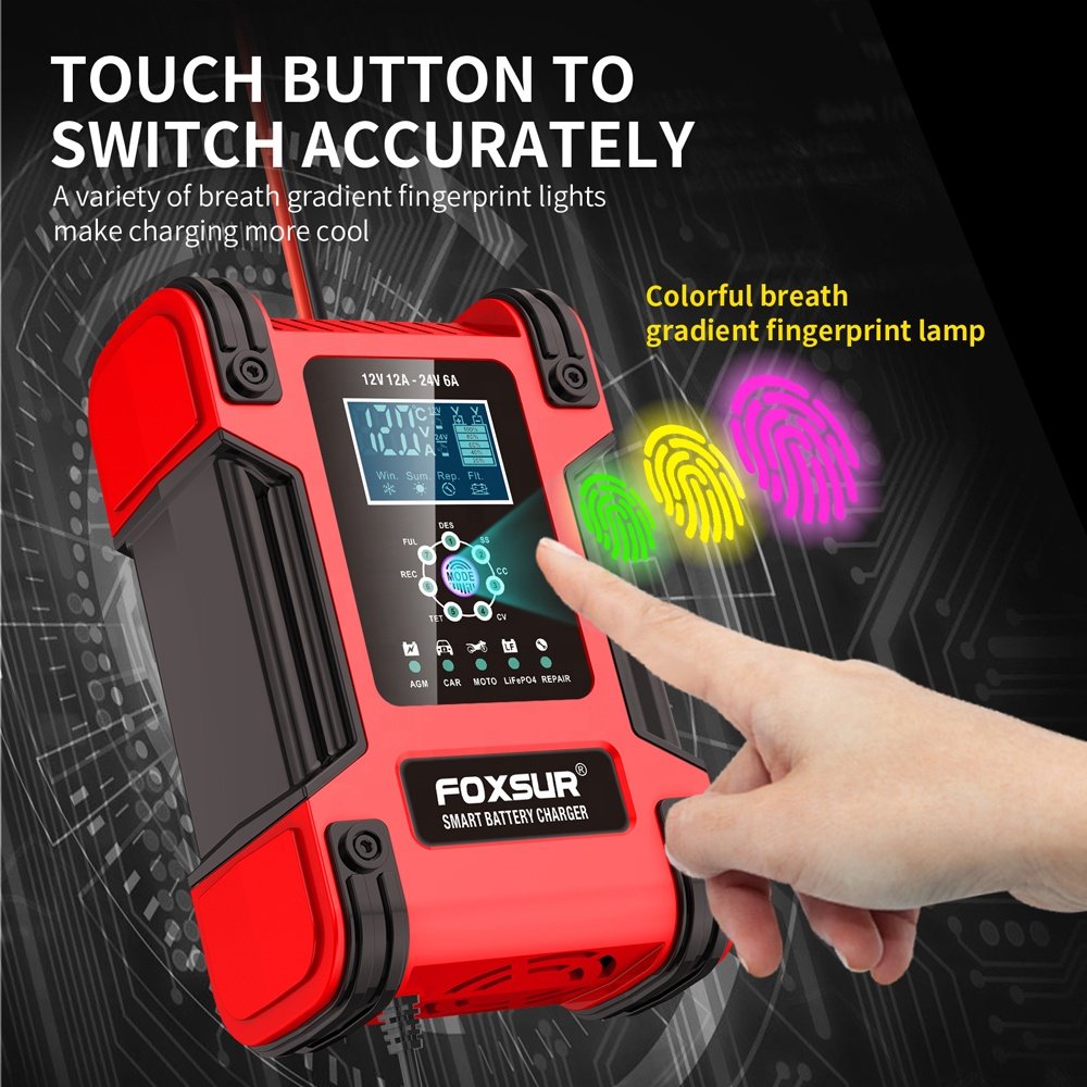 FOXSUR FBC122412D Smart 12V/12A 24V/6A Car Battery Charger Automobile Battery Voltage Tester